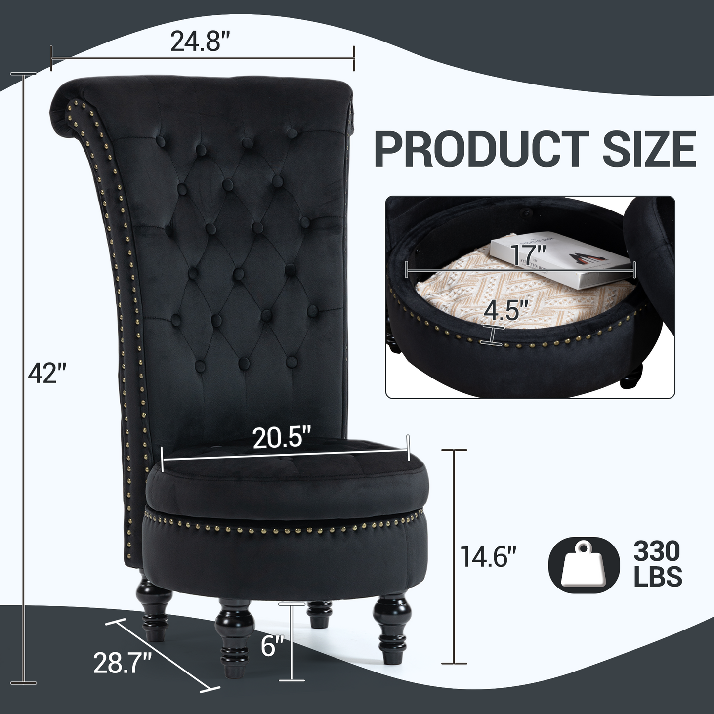 DELMANGO Velvet Throne Chair with Storage, Armless High-Back Accent Chair with Nailhead Trim & Solid Rubberwood Legs, for Living Room and Bedroom, Black