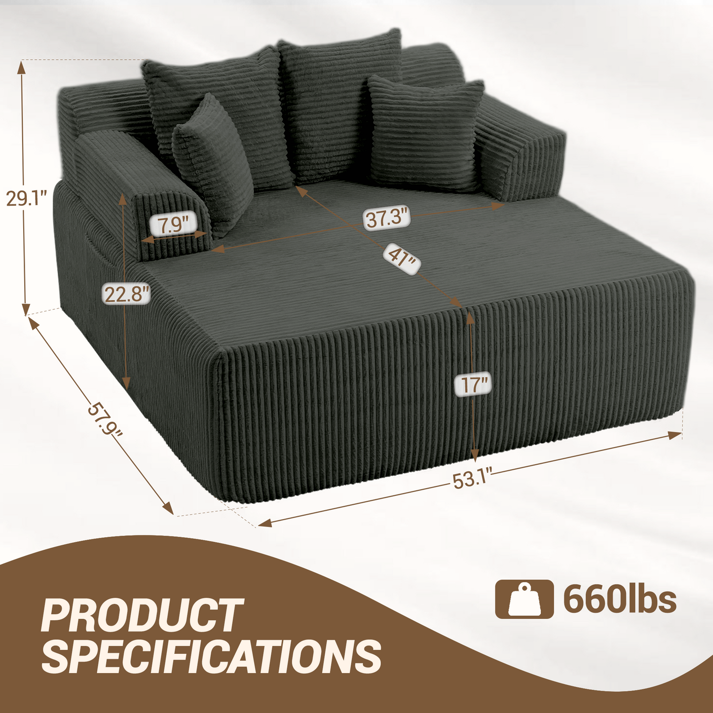 DELMANGO 58" Corduroy Chaise Lounge Chair, Oversized Boneless Sleeper Sofa with Armrests & 4 Pillows, No Assembly, for Living Room, Grey