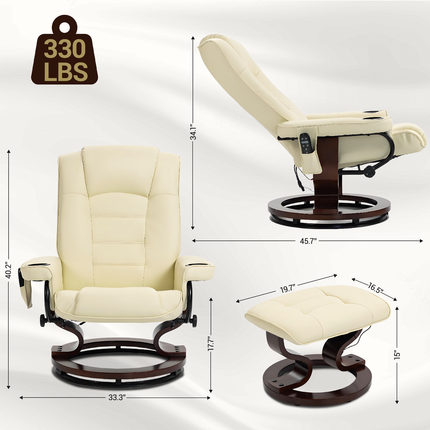 DELMANGO Swivel Massage Recliner with Ottoman, Adjustable Recline Wood Base Faux Leather Lounge Chair, Footrest Accent Chair for Living Room & Bedroom, Beige