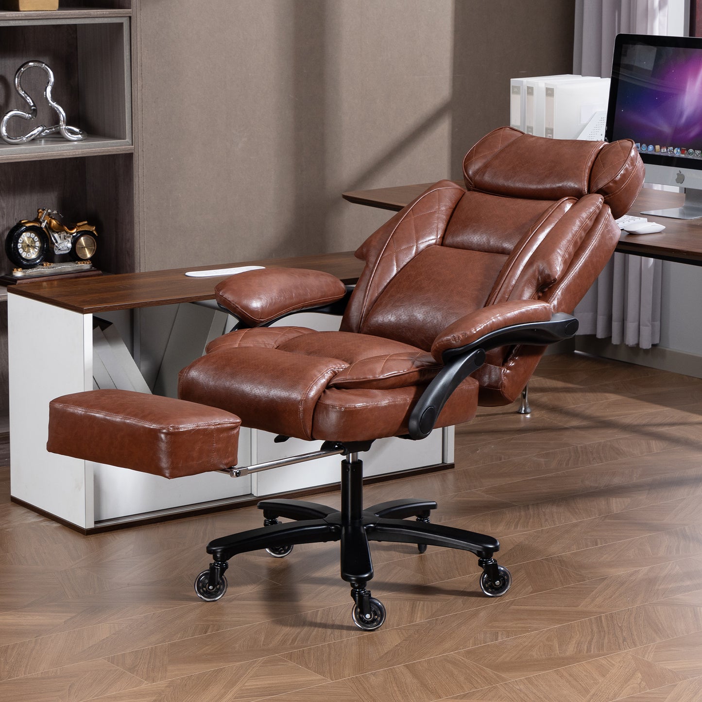 DELMANGO Big and Tall Office Chair, Heavy Duty Executive Office Desk Chair with Footrest, Waist Lumber Support, Adjustable Headrest, Brown