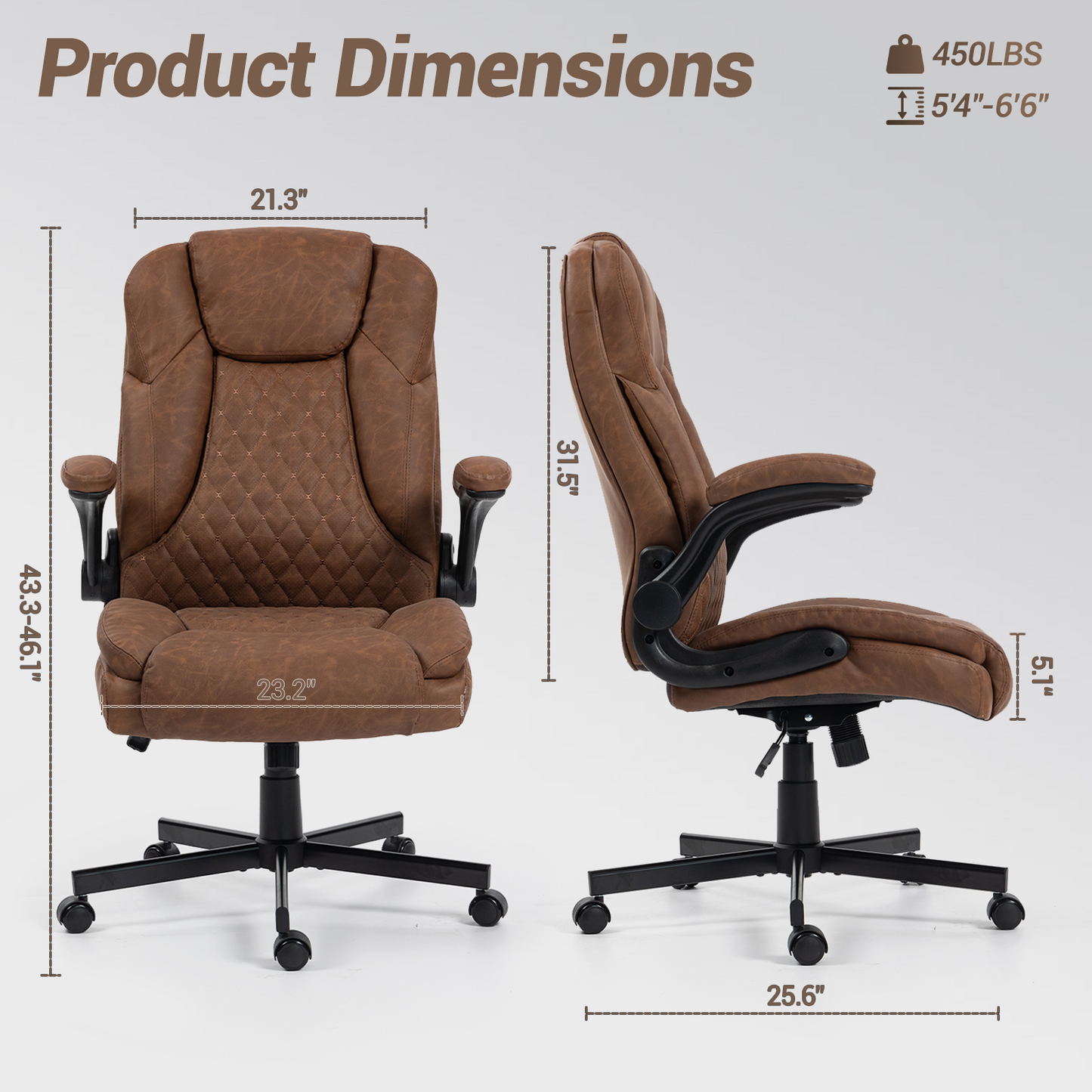 DELMANGO High-Back Executive Office Chair, Ergonomic Computer Desk Chair with Rocking Feature, PU Leather, Flip-Up Armrests and Lumbar Support, Brown