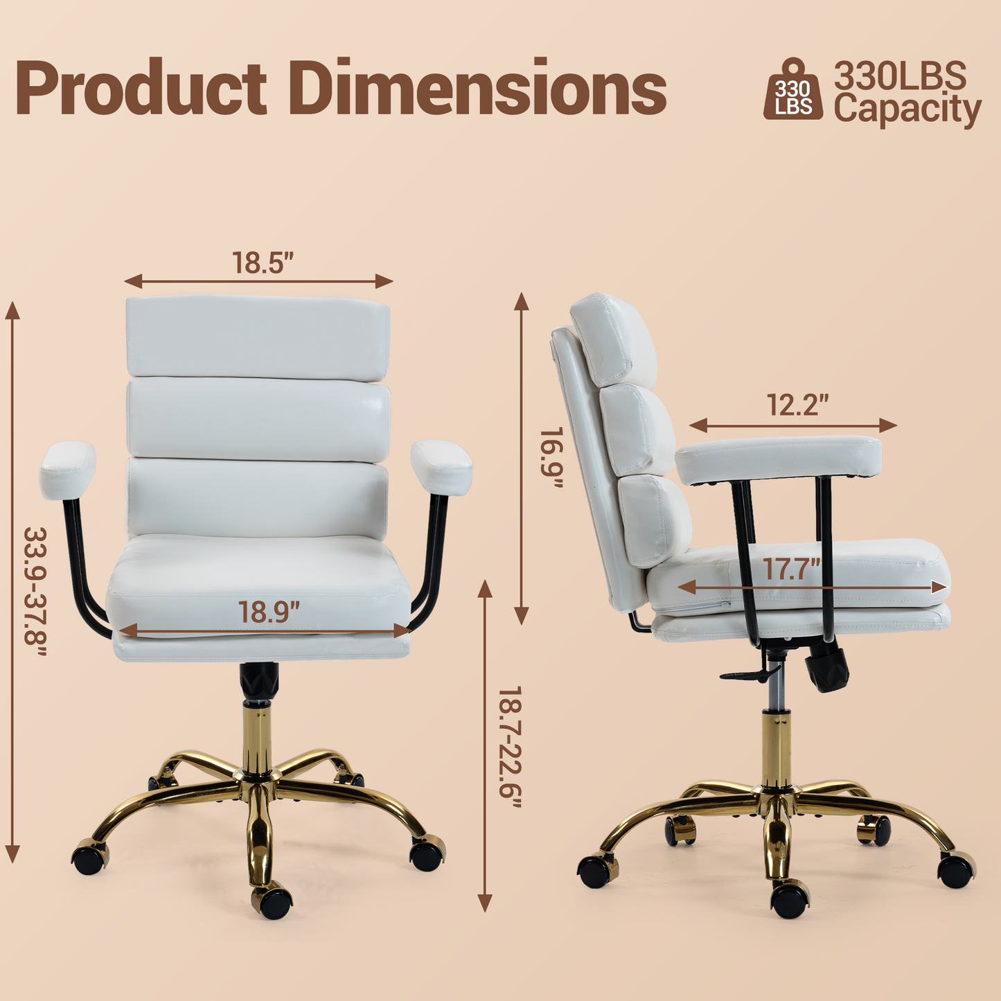 DELMANGO Faux Leather Home Office Desk Chair with Padded Seat & Armrests, Gold Base Vanity Swivel Chair with Adjustable Height and Wheels, White