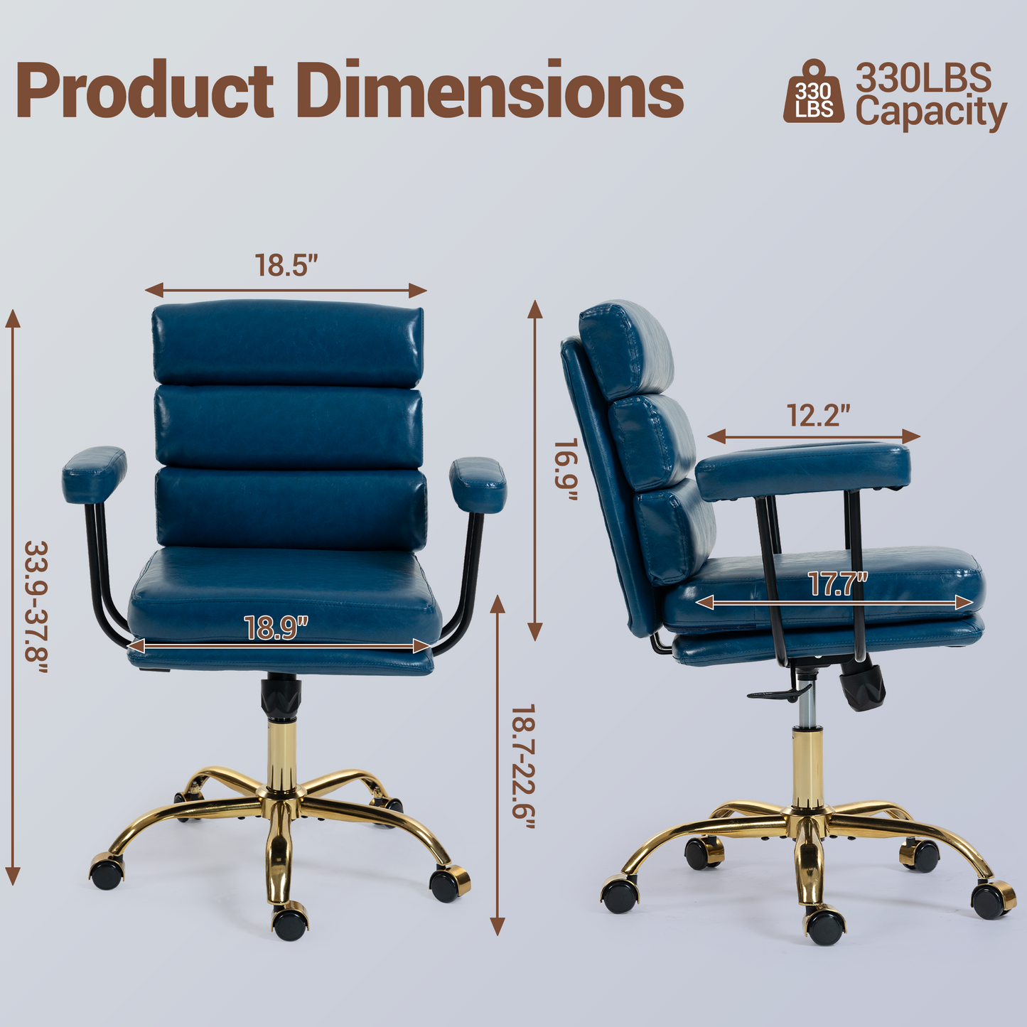 DELMANGO Faux Leather Home Office Desk Chair with Padded Seat & Armrests, Gold Base Vanity Swivel Chair with Adjustable Height and Wheels, Blue