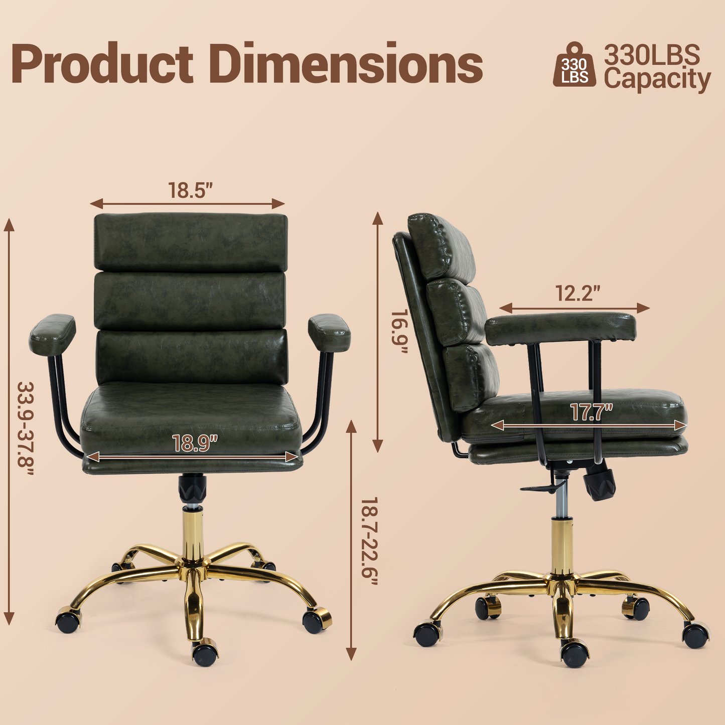 DELMANGO Faux Leather Home Office Desk Chair with Padded Seat & Armrests, Gold Base Vanity Swivel Chair with Adjustable Height and Wheels, Green