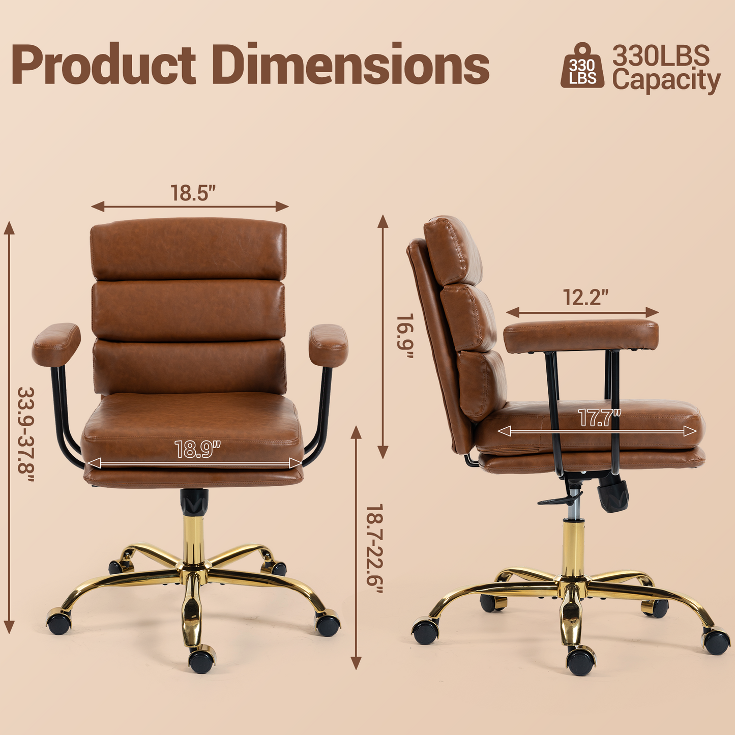 DELMANGO Faux Leather Home Office Desk Chair with Padded Seat & Armrests, Gold Base Vanity Swivel Chair with Adjustable Height and Wheels, Brown