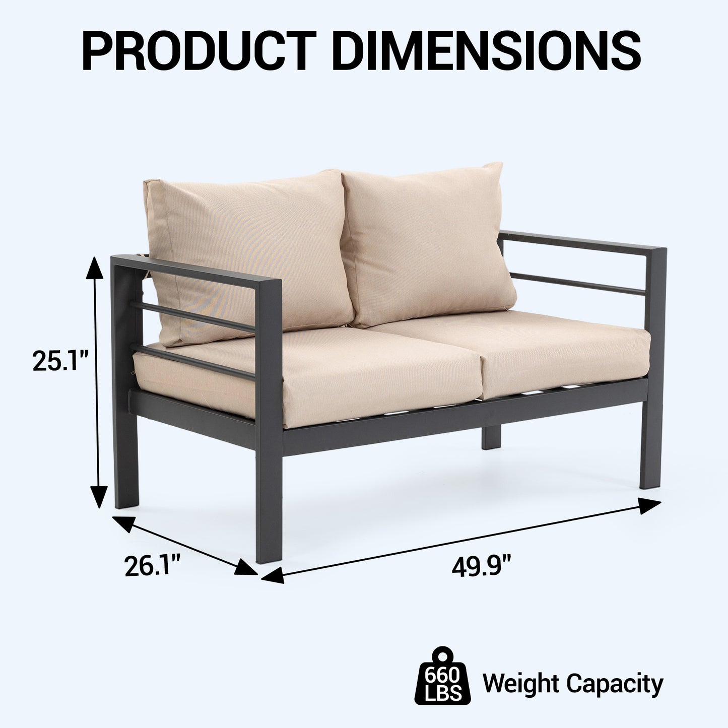 Delmango Outdoor Patio Furniture Sofa, 2-Seater Metal Frame Chair Couch with Removable Washable Cushions, Wide Armrests & All-Weather for Garden, Balcony, Backyard - Beige