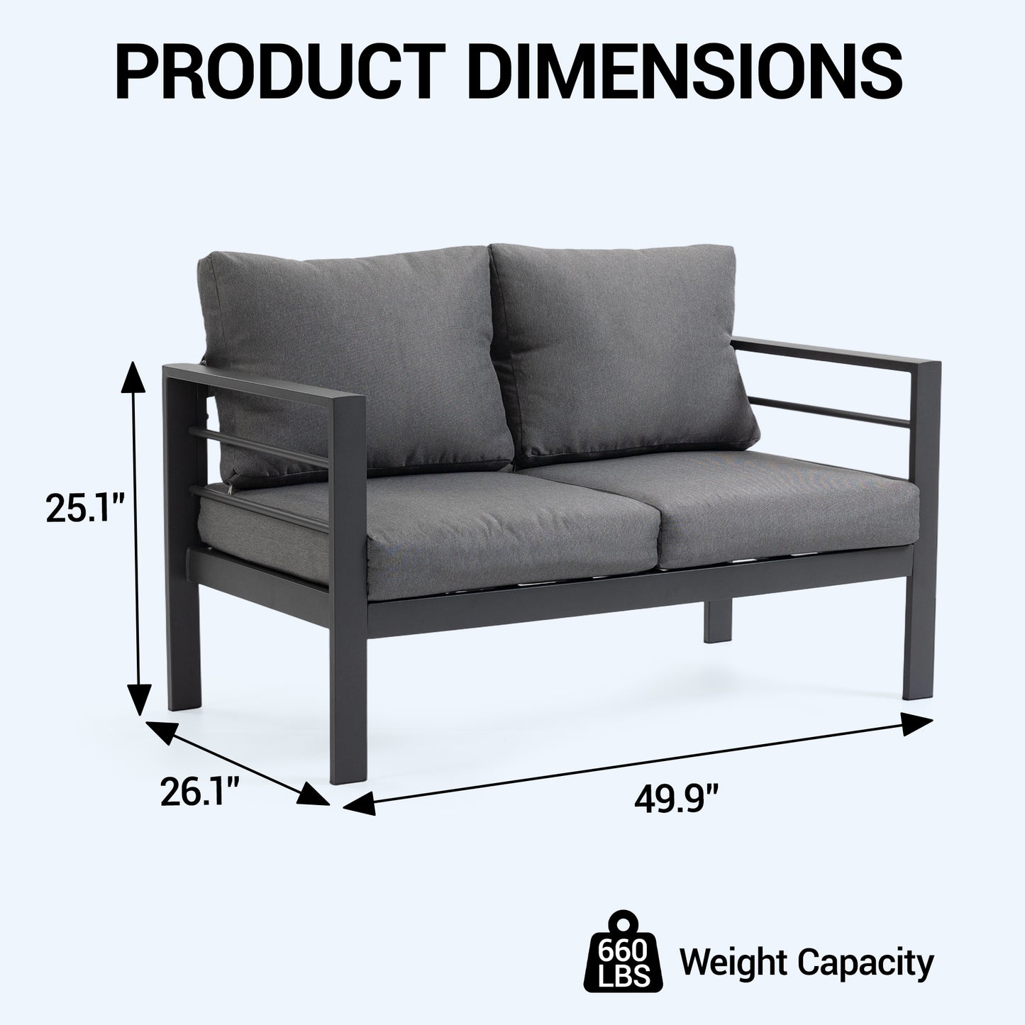 Delmango Outdoor Patio Furniture Sofa, 2-Seater Metal Frame Chair Couch with Removable Washable Cushions, Wide Armrests & All-Weather for Garden, Balcony, Backyard - Grey