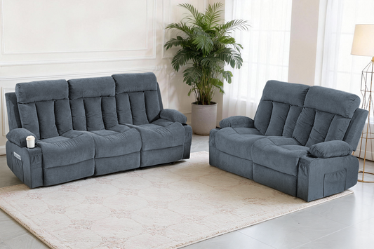 DELMANGO Manual Recliner Sofa Set for Home Theater, Office (Blue, Sofa+Loveseat)