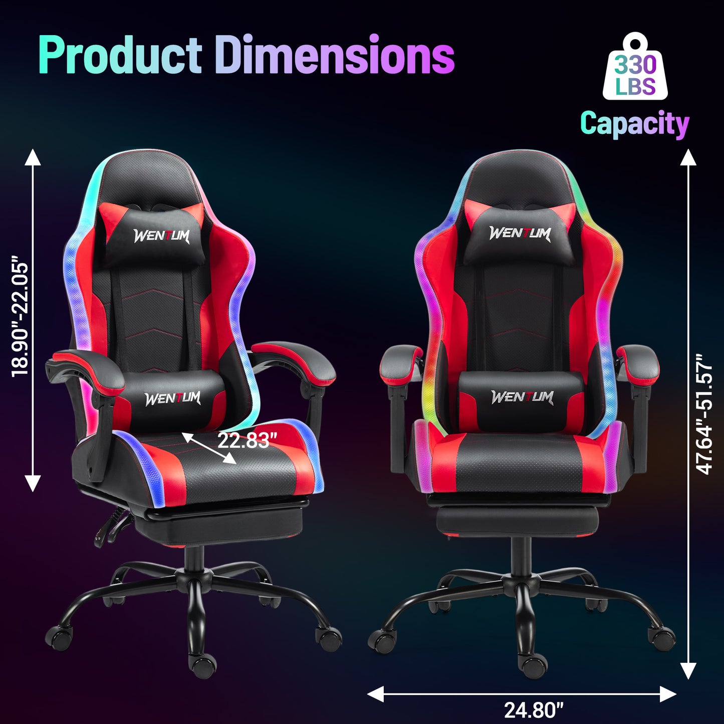 Delmango RGB Ergonomic Gaming Chair with Massage, LED Lights, Footrest, Lumbar Support, Red