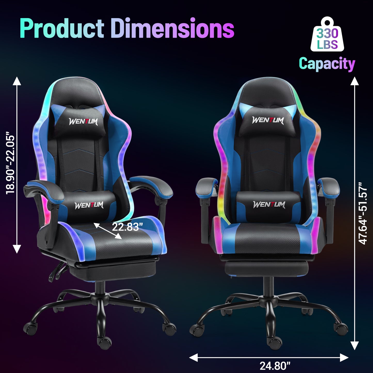 Delmango RGB Ergonomic Gaming Chair with Massage, LED Lights, Footrest, Lumbar Support, Blue