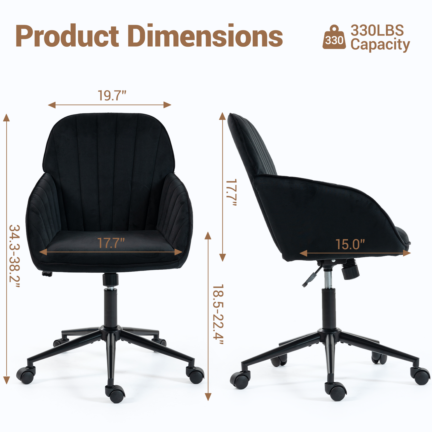 DELMANGO Velvet Adjustable Desk Chair with Gold Base & Wheels, Modern Swivel Vanity Office Chair for Home, Living Room, Bedroom & Study, Black