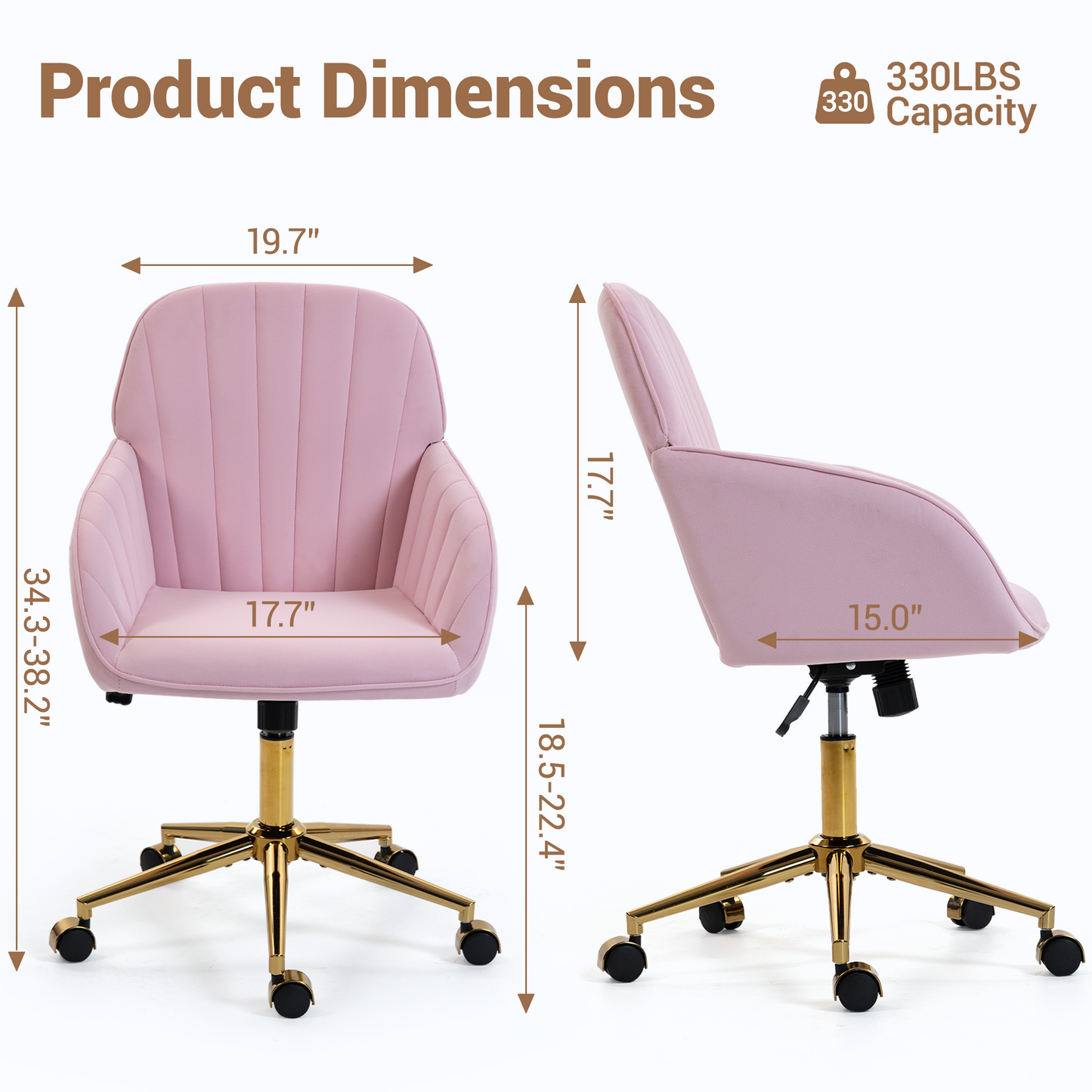 DELMANGO Velvet Adjustable Desk Chair with Gold Base & Wheels, Modern Swivel Vanity Office Chair for Home, Living Room, Bedroom & Study, Pink