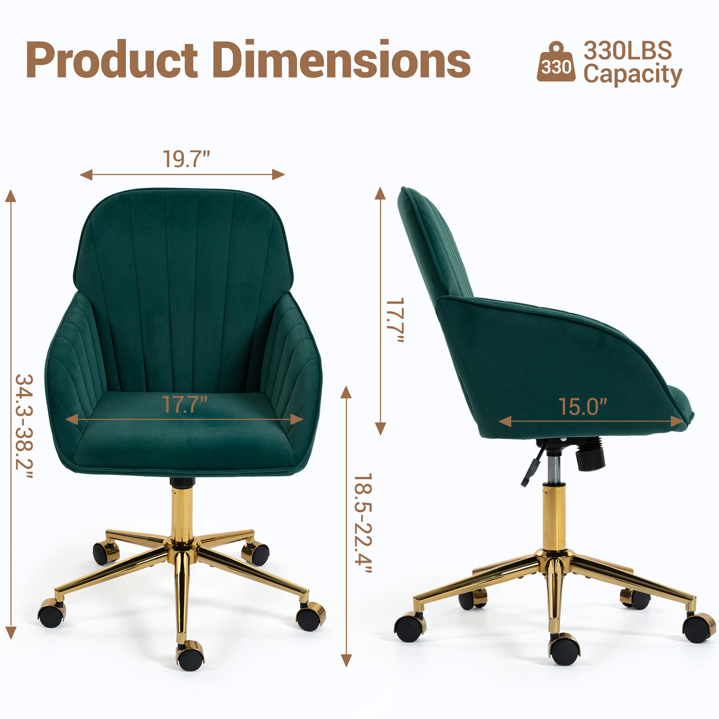 DELMANGO Velvet Adjustable Desk Chair with Gold Base & Wheels, Modern Swivel Vanity Office Chair for Home, Living Room, Bedroom & Study, Green