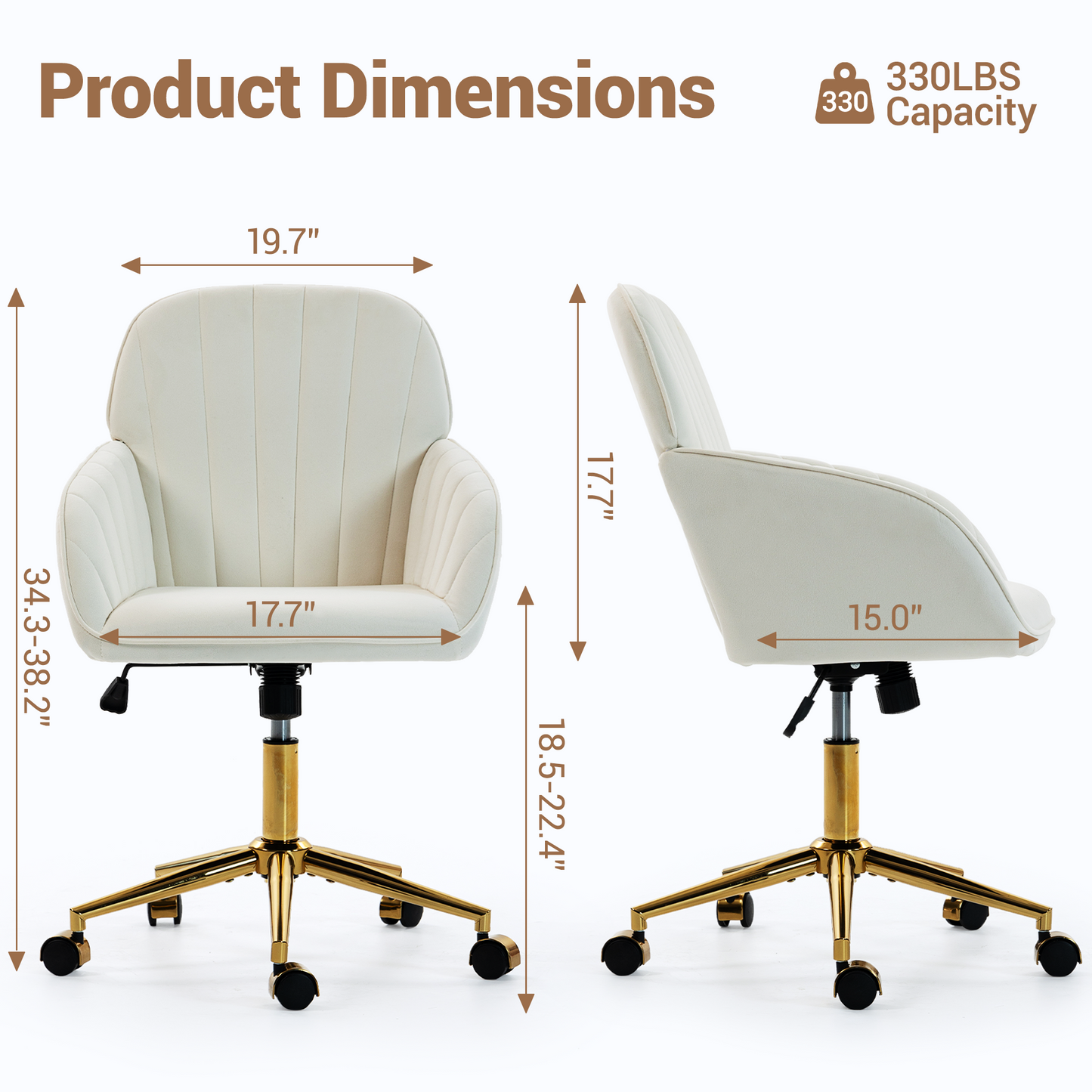 DELMANGO Velvet Adjustable Desk Chair with Gold Base & Wheels, Modern Swivel Vanity Office Chair for Home, Living Room, Bedroom & Study, Beige