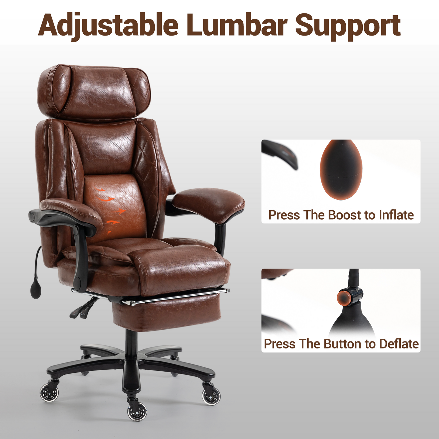 DELMANGO Big and Tall Office Chair, Heavy Duty Executive Office Desk Chair with Footrest, Waist Lumber Support, Adjustable Headrest, Brown