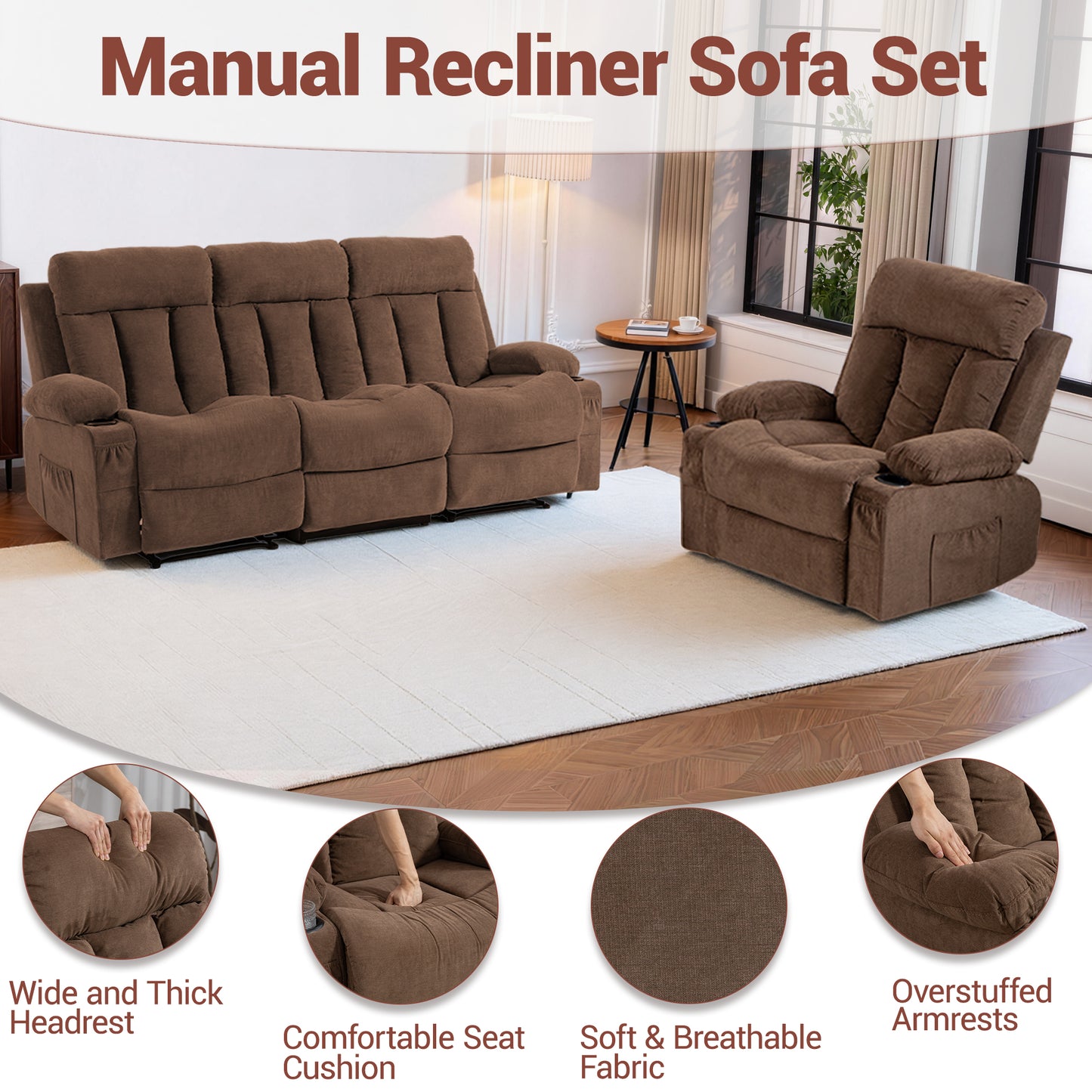 DELMANGO Manual Recliner Sofa Set, 2 Piece Reclining Living Room Furniture Sets with Cup Holders for Home Theater, Office (Brown, Sofa+Chair)