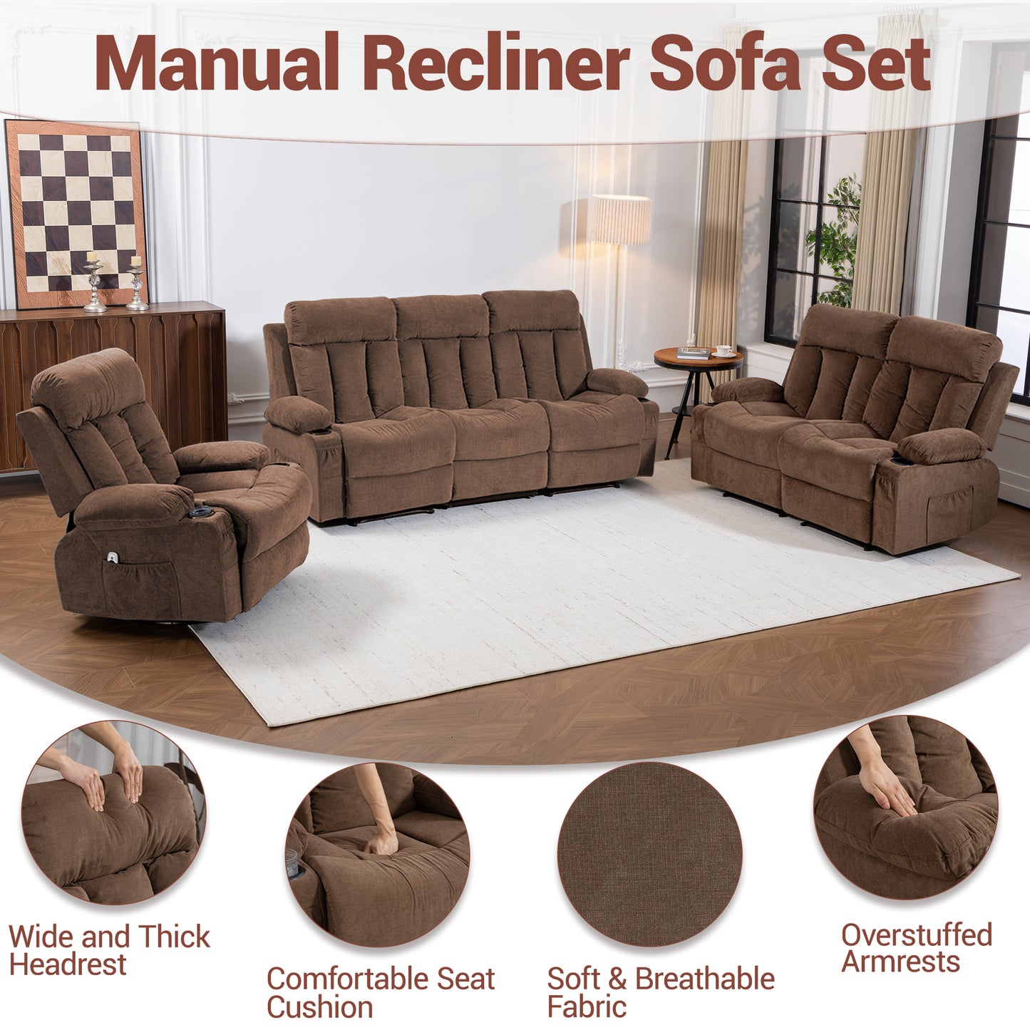 DELMANGO Manual Recliner Sofa Set for Home Theater, Office (Brown, Sofa+Loveseat+Chair)