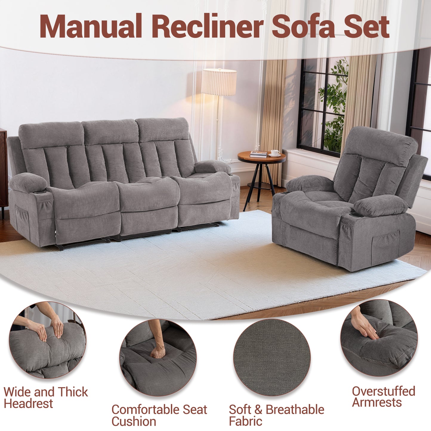 DELMANGO Manual Recliner Sofa Set for Home Theater, Office (Grey, Sofa+Chair)
