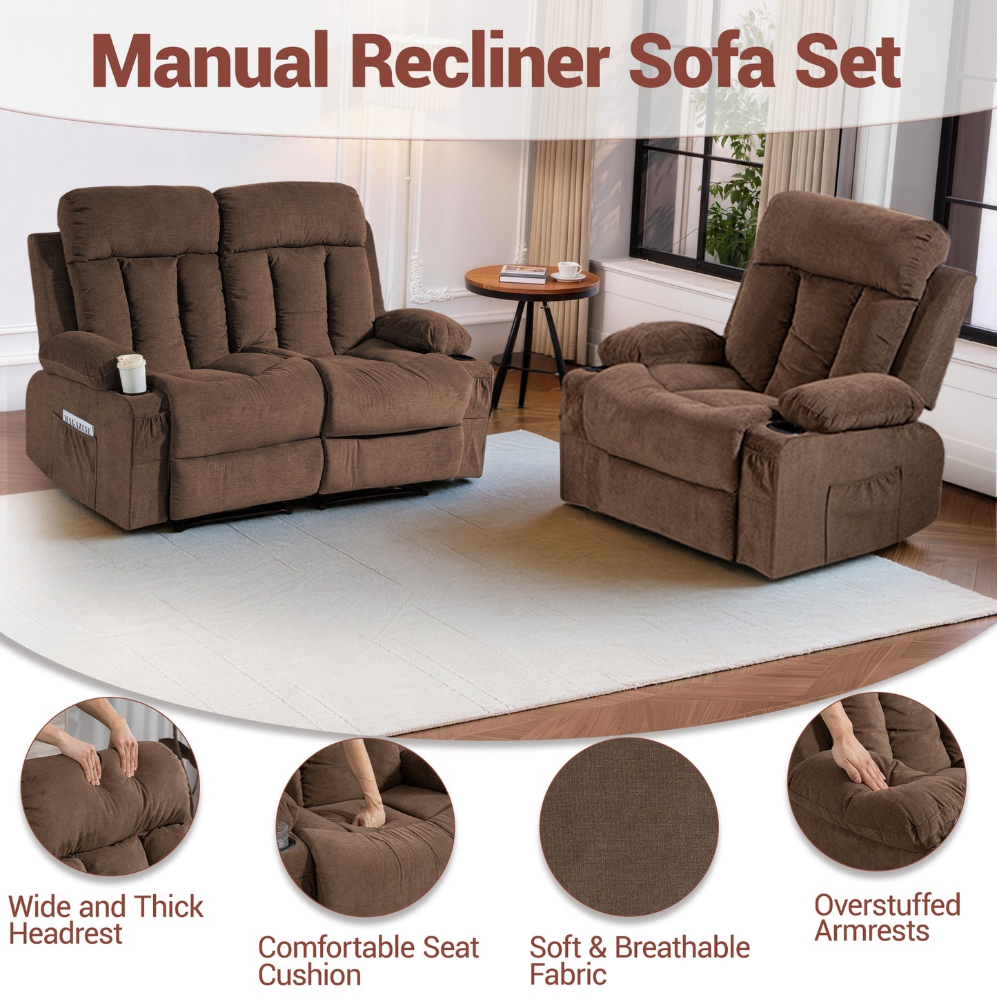 DELMANGO Manual Recliner Sofa Set for Home Theater, Office (Brown, Loveseat+Chair)