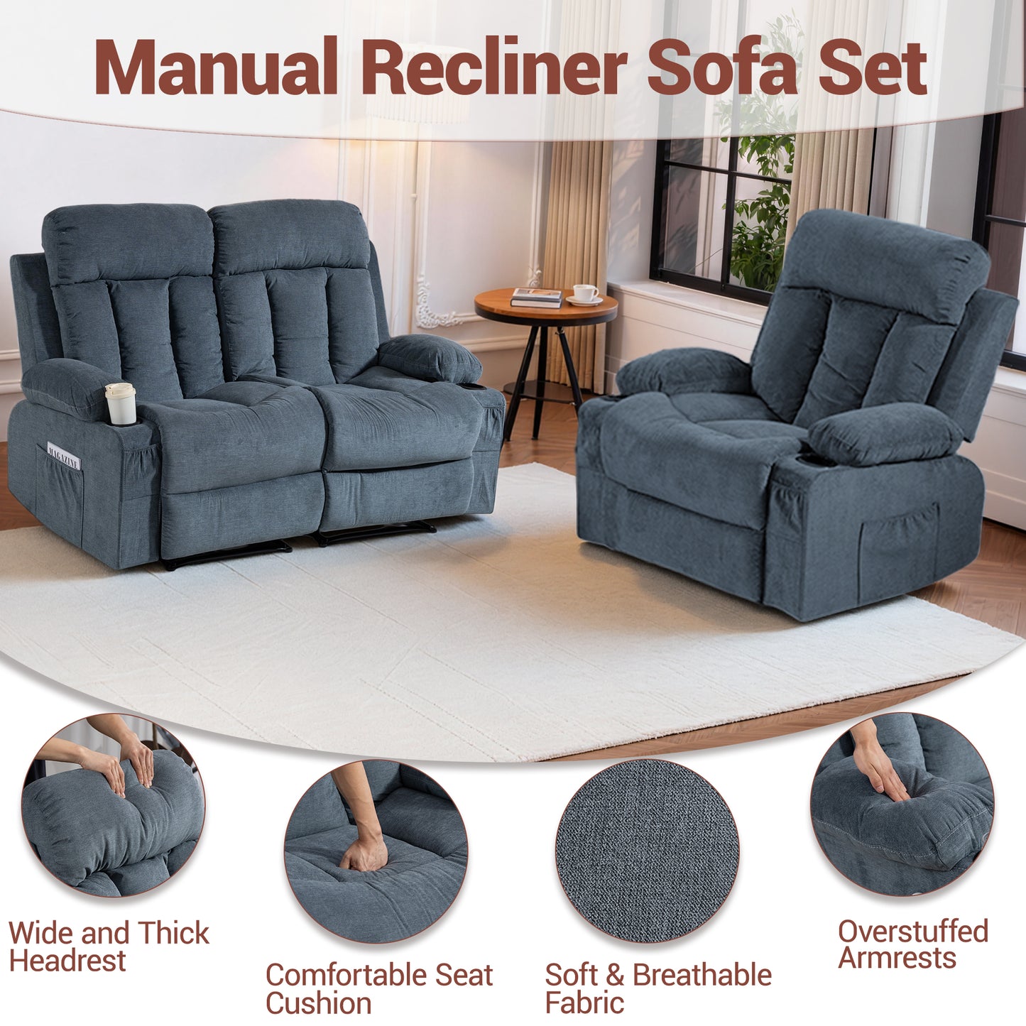DELMANGO Manual Recliner Sofa Set for Home Theater, Office (Blue, Loveseat+Chair)