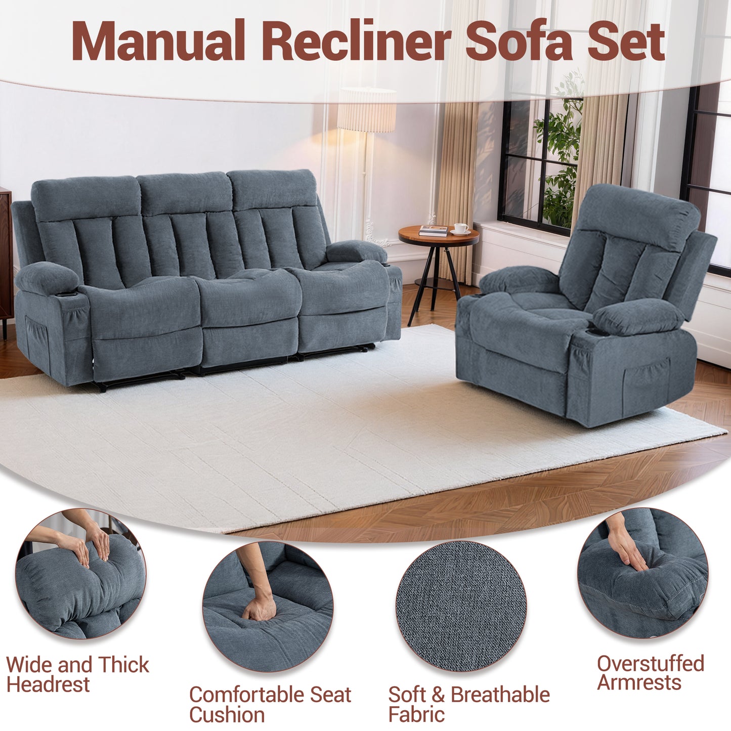 DELMANGO Manual Recliner Sofa Set for Home Theater, Office (Blue, Sofa+Chair)