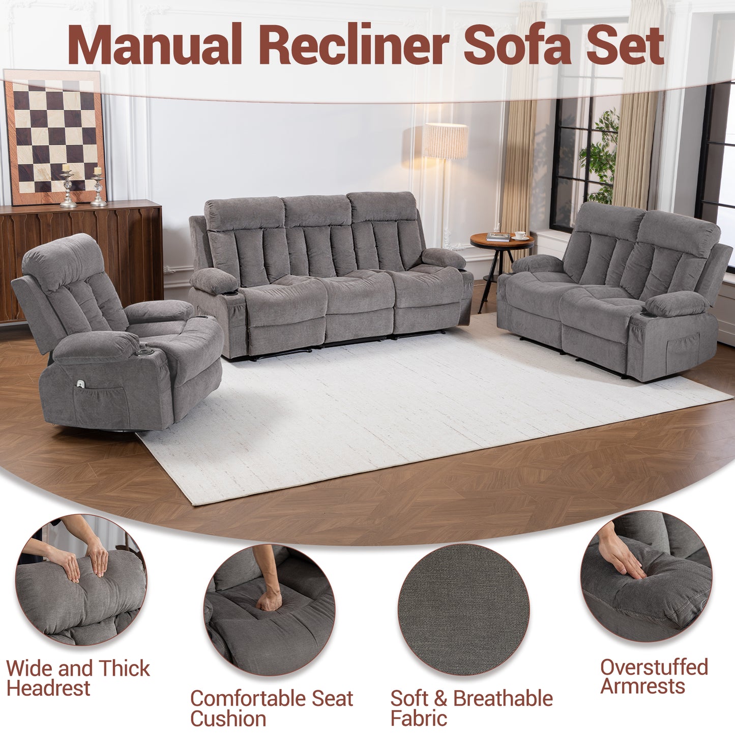 DELMANGO Manual Recliner Sofa Set for Home Theater, Office (Grey, Sofa+Loveseat+Chair)