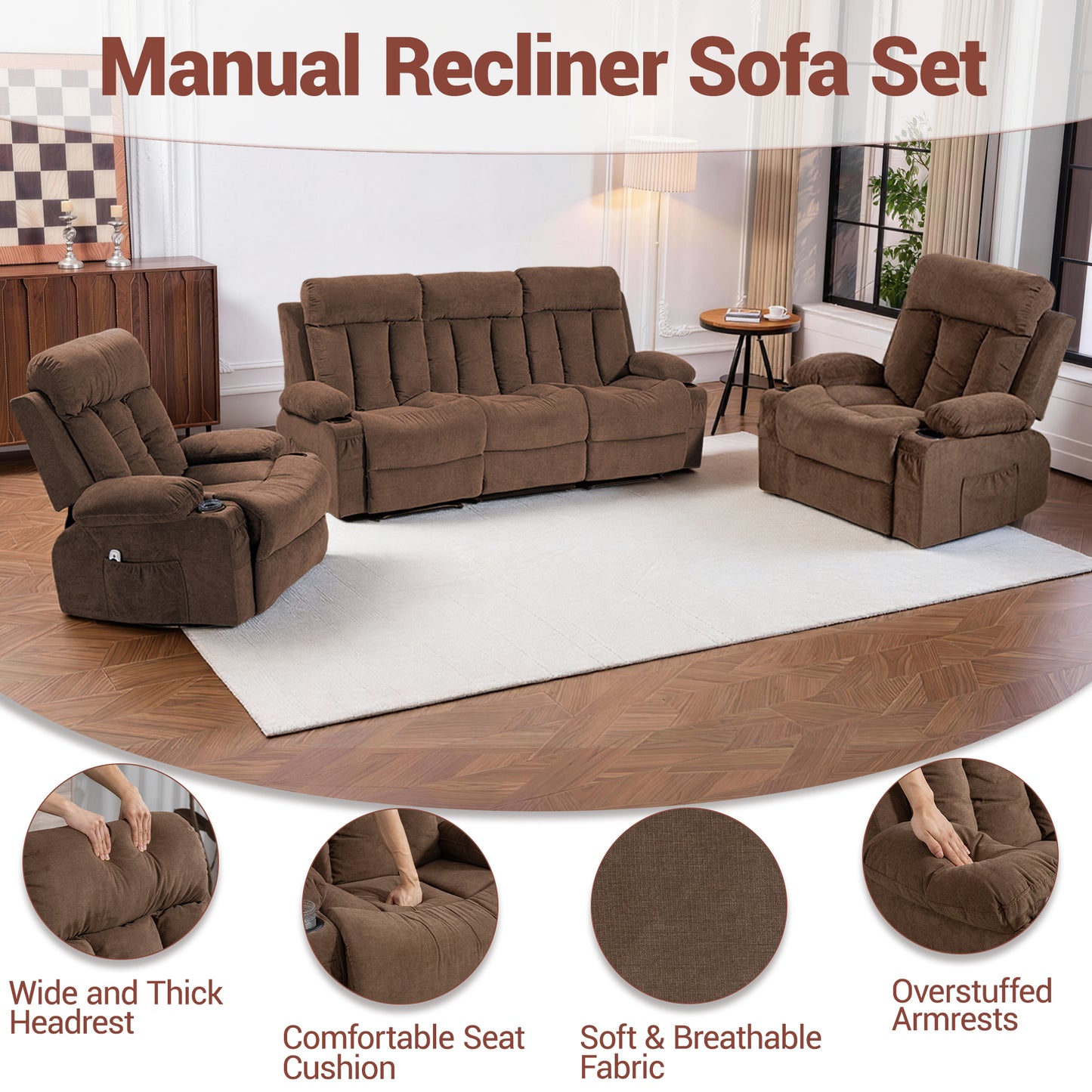 DELMANGO Manual Recliner Sofa Set (Brown, Sofa+Chair+Chair)