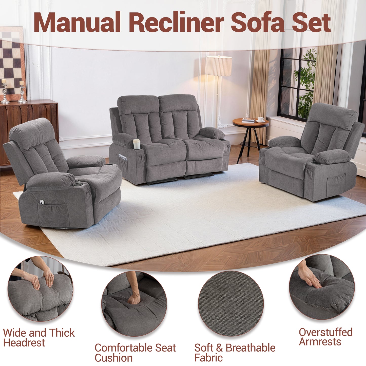 DELMANGO Manual Recliner Sofa Set for Home Theater, Office (Grey, Loveseat+Chair+Chair)