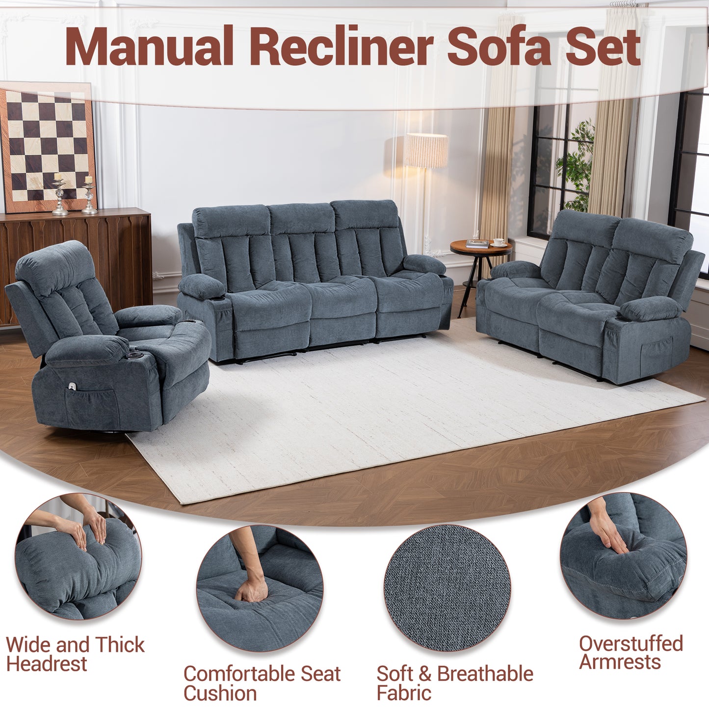 DELMANGO Manual Recliner Sofa Set for Home Theater, Office (Blue, Sofa+Loveseat+Chair)