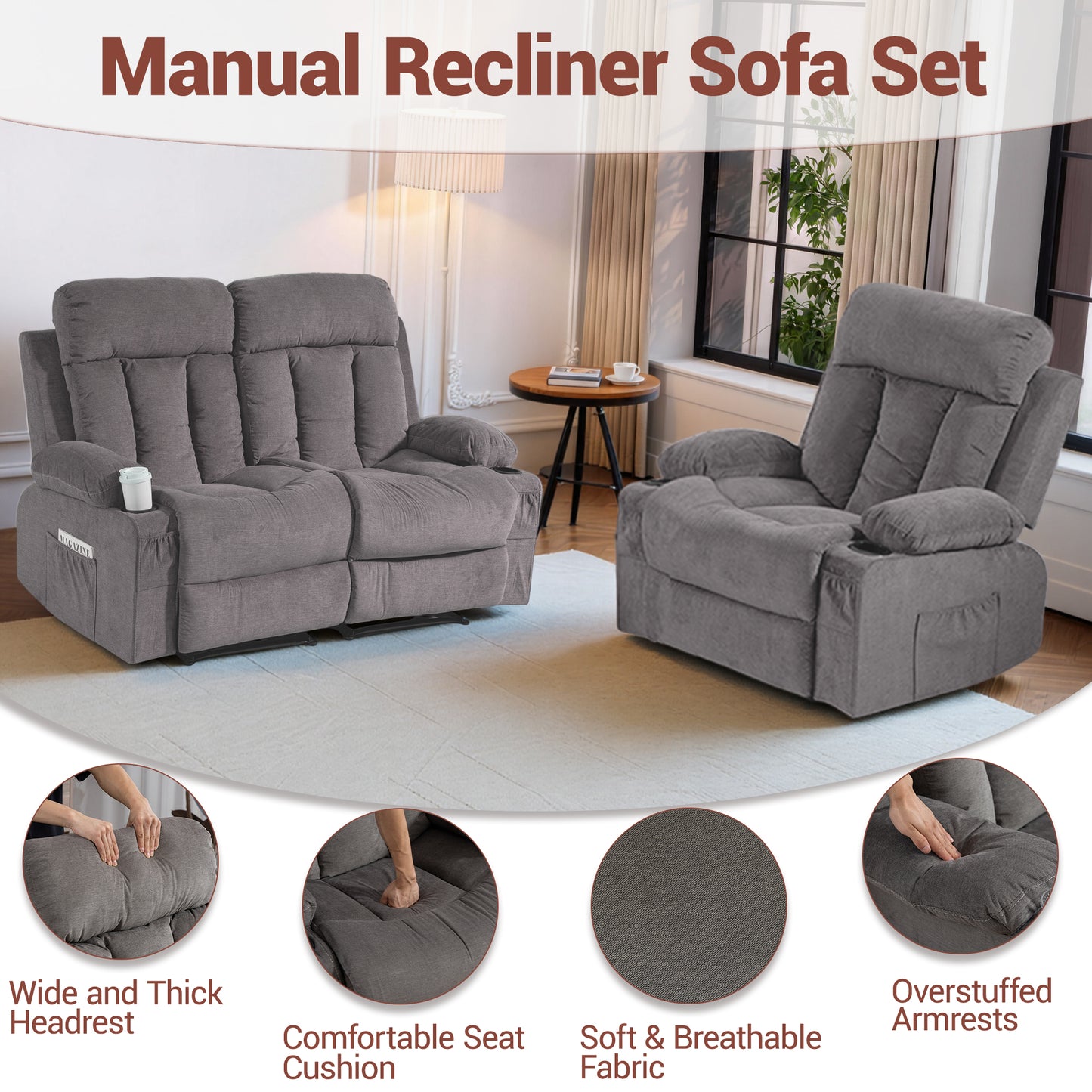 DELMANGO Manual Recliner Sofa Set for Home Theater, Office (Grey, Loveseat+Chair)