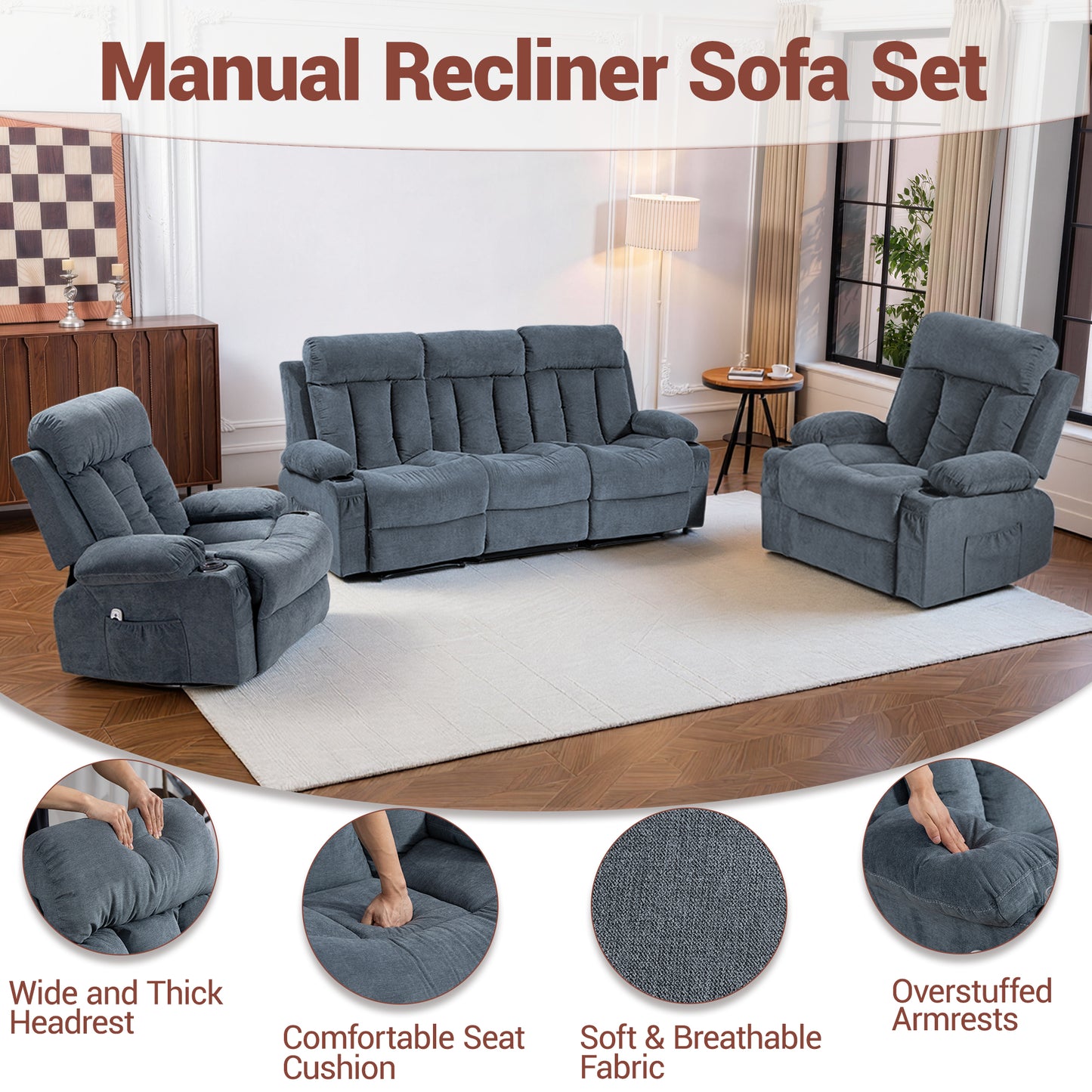 DELMANGO Manual Recliner Sofa Set for Home Theater, Office (Blue, Sofa+Chair+Chair)