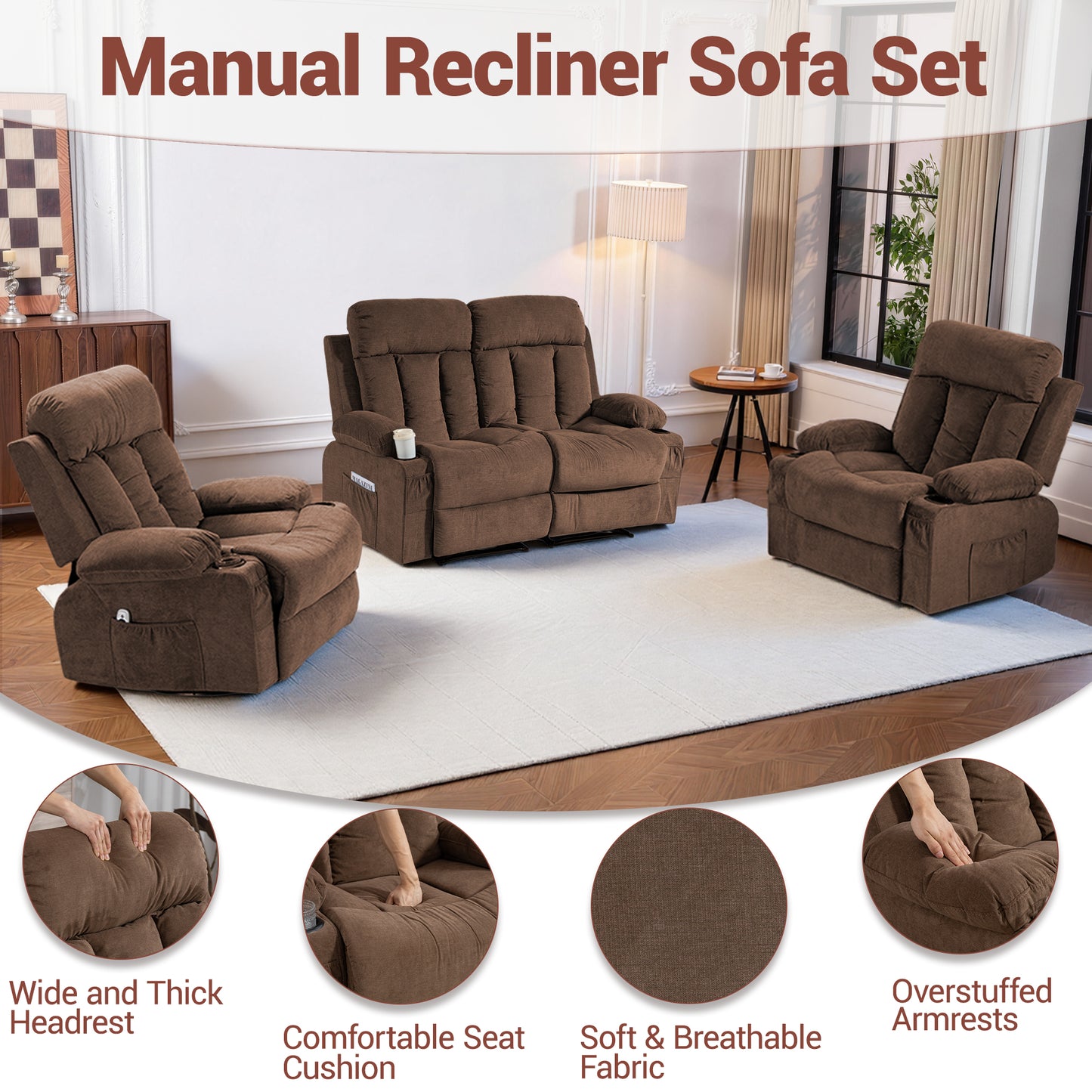 DELMANGO Manual Recliner Sofa Set for Home Theater, Office (Brown, Loveseat+Chair+Chair)