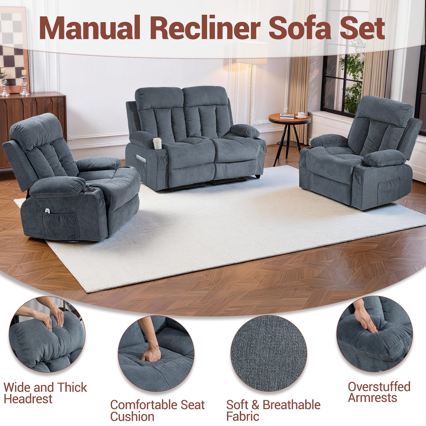 DELMANGO Manual Recliner Sofa Set for Home Theater, Office (Blue, Loveseat+Chair+Chair)