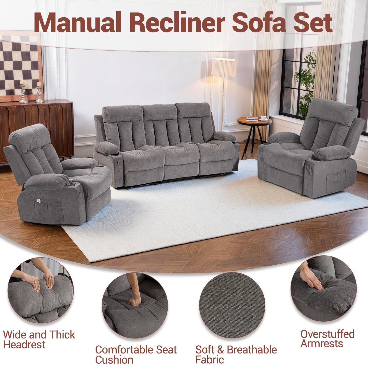 DELMANGO Manual Recliner Sofa Set for Home Theater, Office (Grey, Sofa+Chair+Chair)