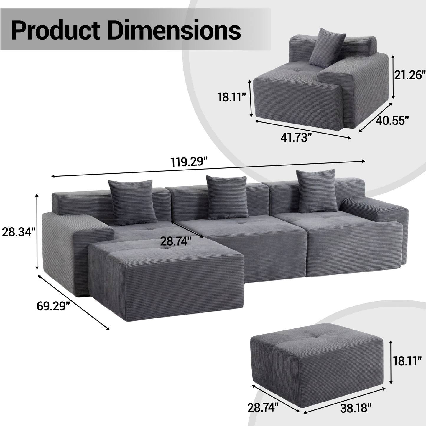 DELMANGO 119'' Cloud Sectional Sofa, Boneless Sofa with Chaise, Flexible Module Combination for Living Room, No Assembly, Grey