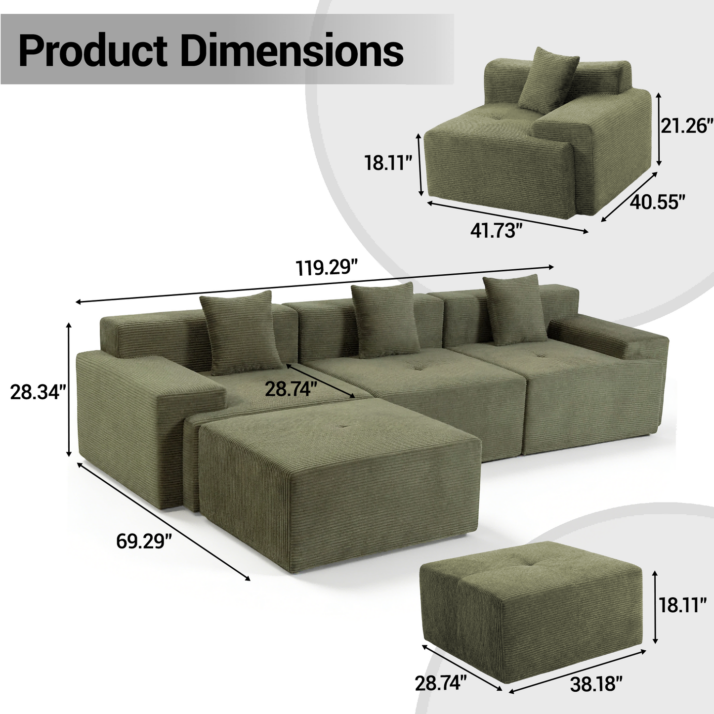 DELMANGO 119'' Cloud Sectional Sofa, Boneless Sofa with Chaise, Flexible Module Combination for Living Room, No Assembly, Green