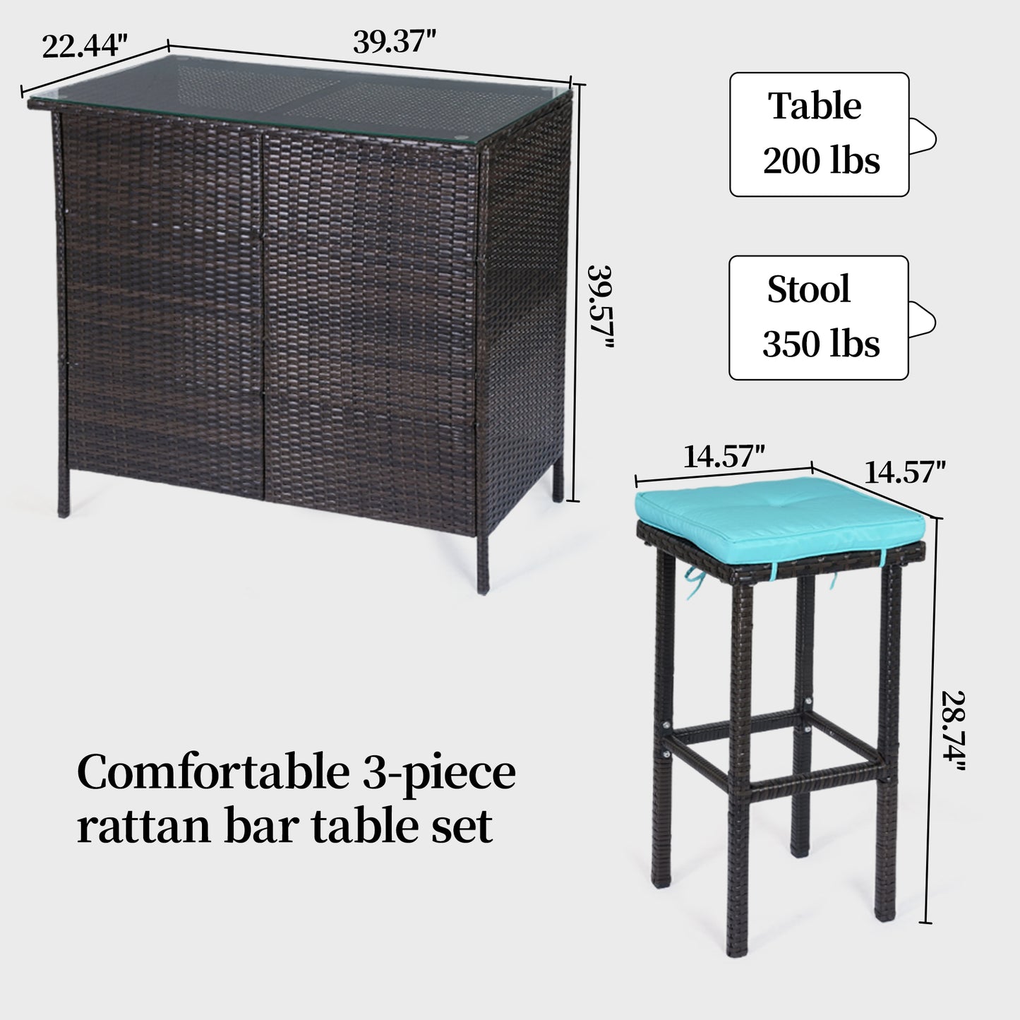 DELMANGO 3 Piece Patio Bar Set with 2 Storage Shelves, Glass Top Table, Two Cushioned Stools,Outside Bars for Patio Entertainment, Blue