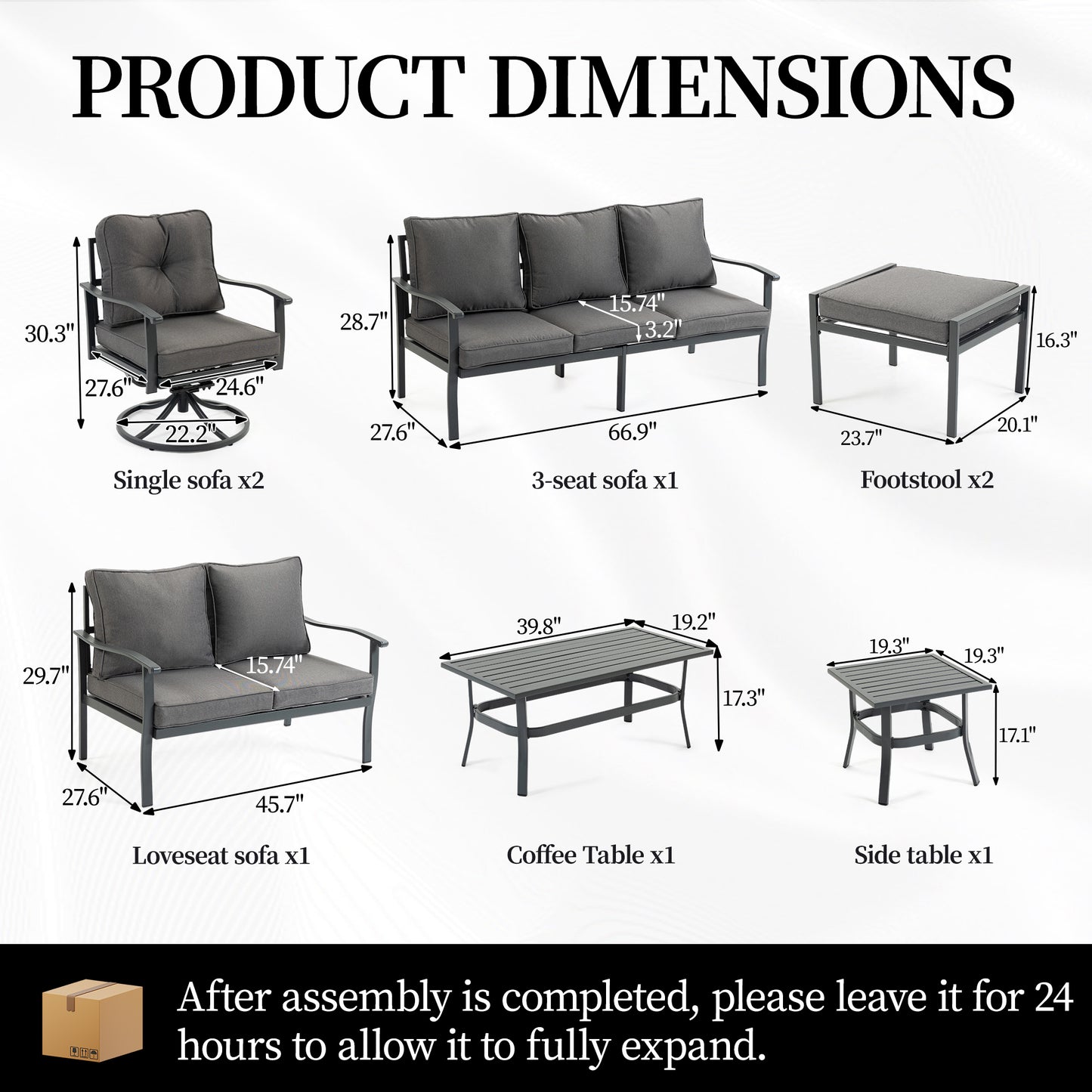 DELMANGO 8 Pieces Outdoor Patio Furniture Sets,Outdoor Metal Conversation Set Sofas with 1 three-seater sofa,1 loveseat Sofa,2 Swivel Chairs,2 footstools,1 Side Table,with Cushion