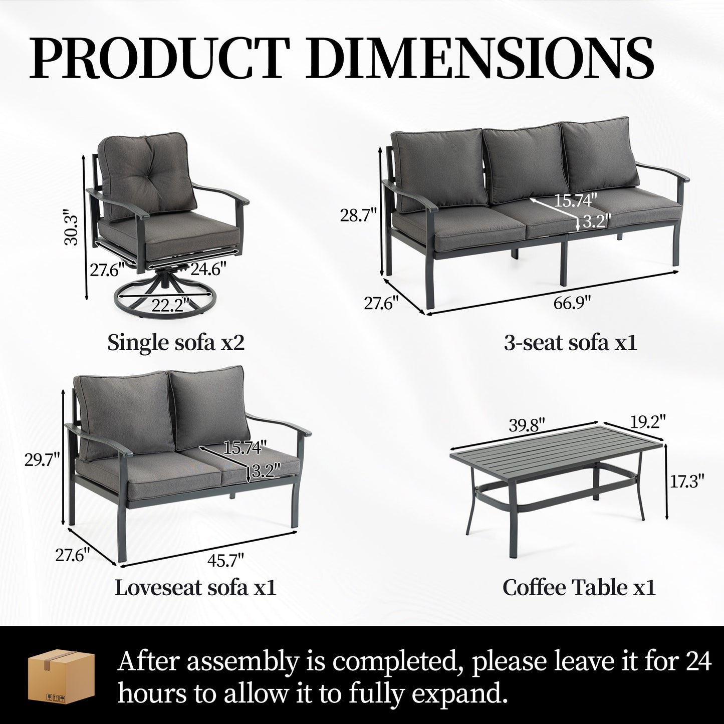 DELMANGO Outdoor Patio Furniture Set, 5 Pieces Metal Modern Outside Sectional Conversation Lawn Furniture with Coffee Table & Washable Thick Cushions,Seating Sofa for Garden,Backyard,Porch,Grey