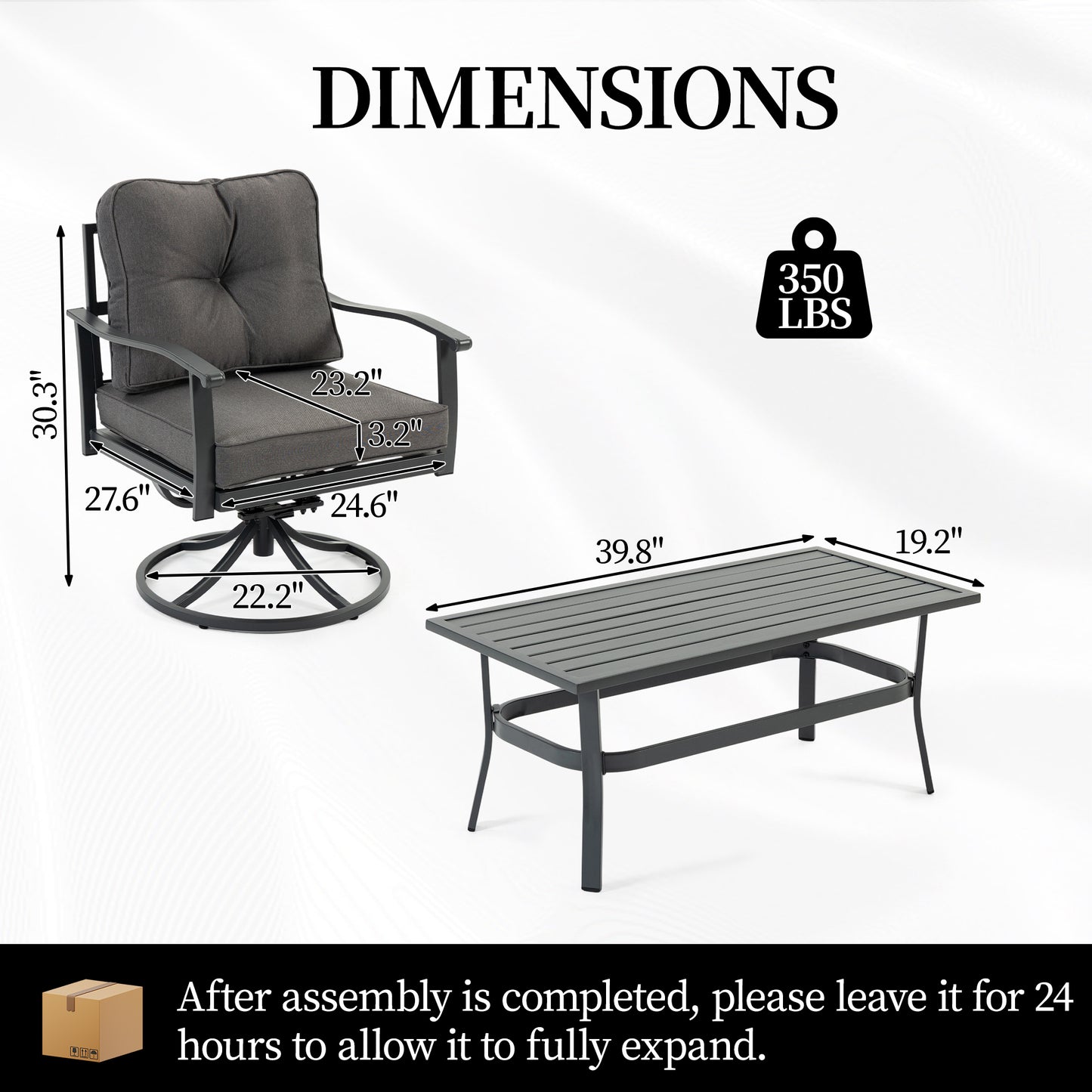 DELMANGO 2 Pcs Swivel Chairs and Coffee Table, All-Weather Metal Modern Outside Furniture with Washable Thick Cushion for Garden/Backyard/Porch, Grey