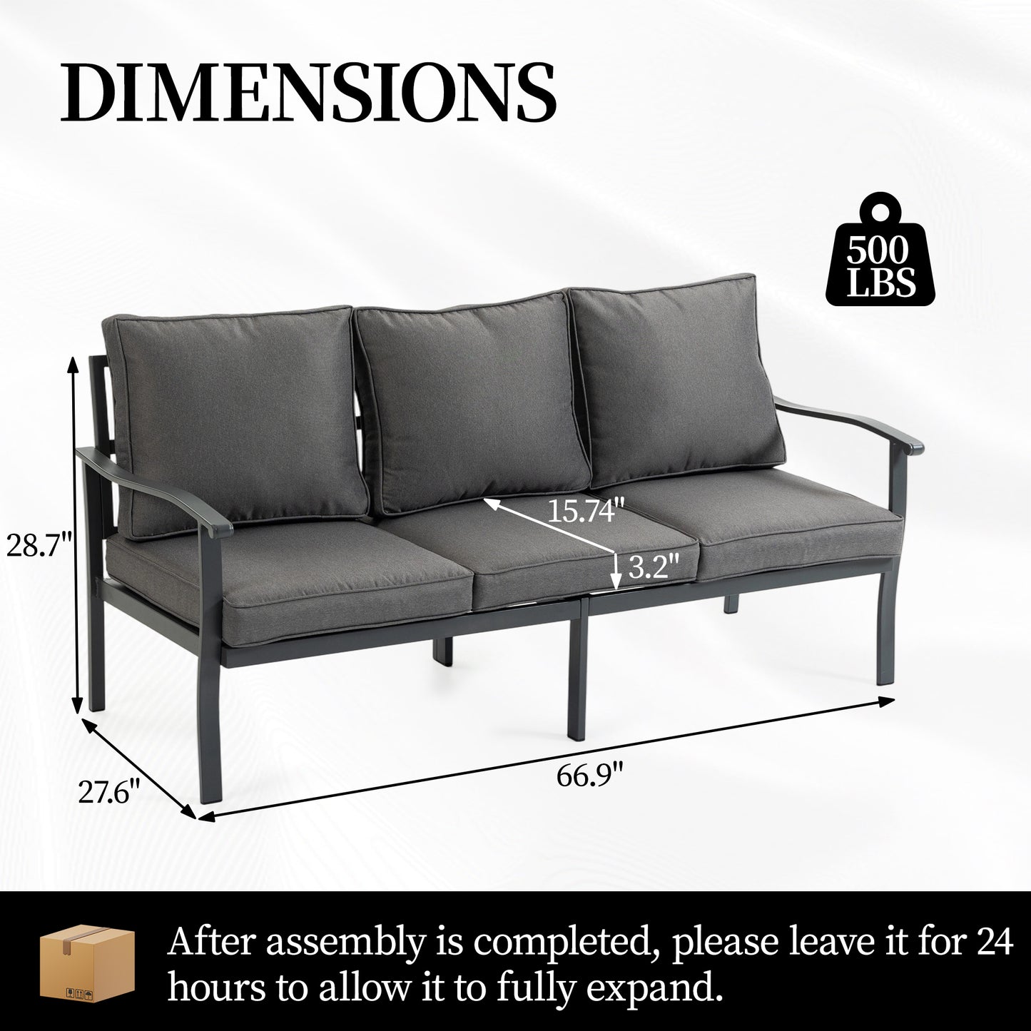 DELMANGO Outdoor Patio Furniture Set, 1 PCS 3-Seat, All-Weather Metal Modern Outside Sofa with Washable Thick Cushion for Garden/Backyard/Porch, Grey