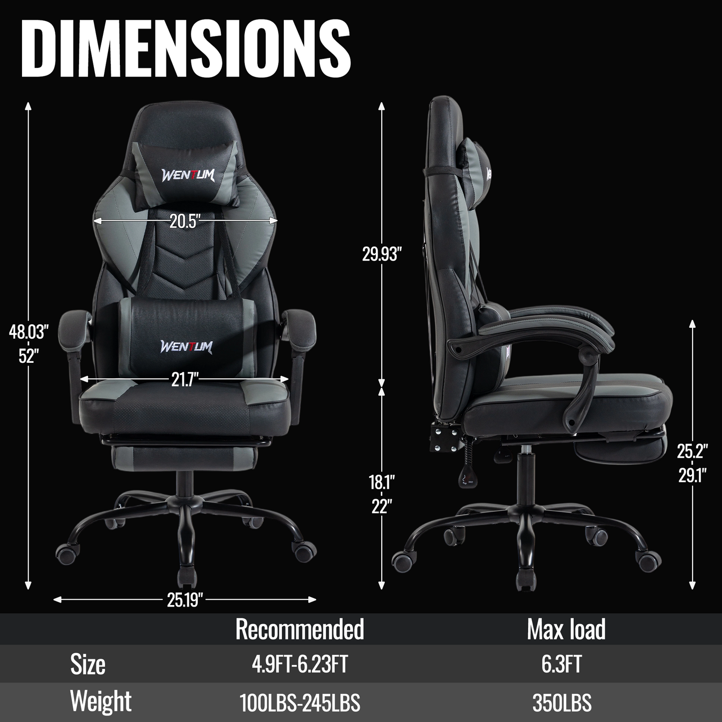 Delmango Gaming Chair 350lb Weight Capacity with Footrest, Big & Tall Ergonomic Office Chair for Adults with Oversized Headrest and Lumbar Pillow, Computer Chair Gaming for Office£¨Gray£©
