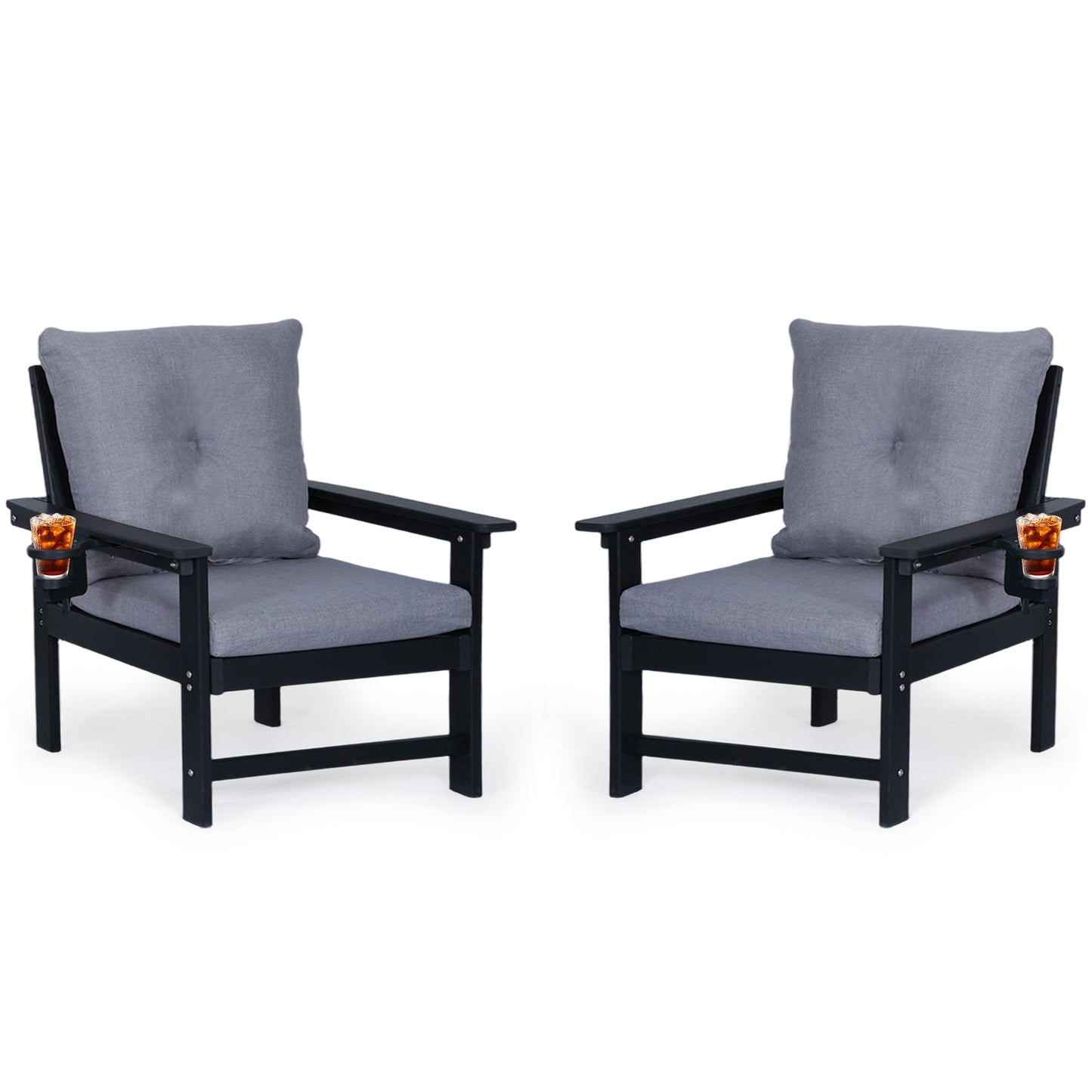 DELMANGO 2-Piece Outdoor Patio Chairs Set with Removable Washable Cushions and Cup Holder, Wide Armrests & All-Weather Metal Frame for Garden, Balcony, Backyard Black