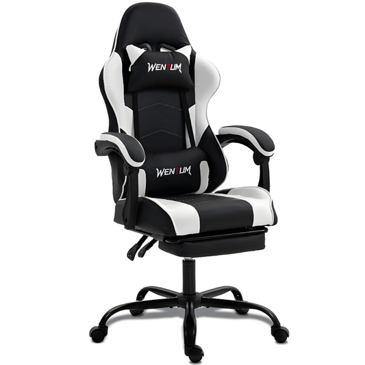 DELMANGO Ergonomic Reclining Gaming Chair with Linkage Armrests & Footrest, Racing Style Office Chair, PU Leather Computer Desk Chair, White