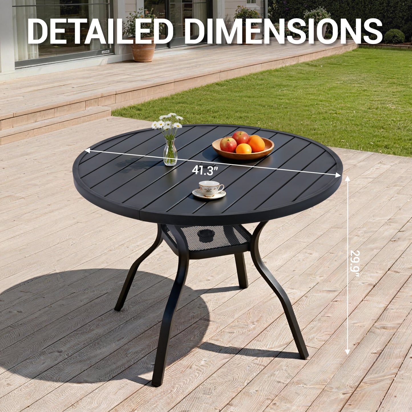 DELMANGO 41" Outdoor Dining Table for 4, Metal Round Patio Dining Table with Adjustable Umbrella Hole for Garden, Backyard and Porch, Black