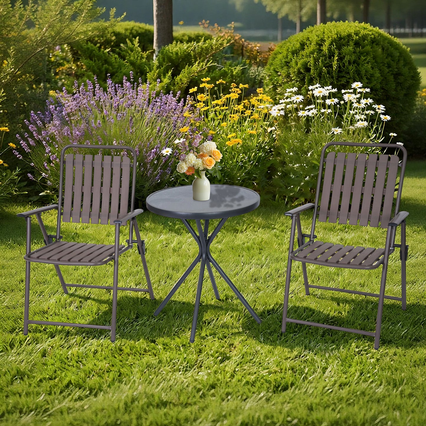 DELMANGO 3 Pieces Patio Furniture Set, Bistro Table and Foldable Chairs, Waterproof Patio Furniture Folding Set, All-Weather outdoor table and chairs, Balcony Furniture for Porch, Yard, Garden, Brown