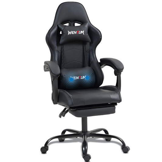 DELMANGO Ergonomic Reclining Gaming Chair with Linkage Armrests & Footrest, Racing Style Office Chair, PU Leather Computer Desk Chair, Black