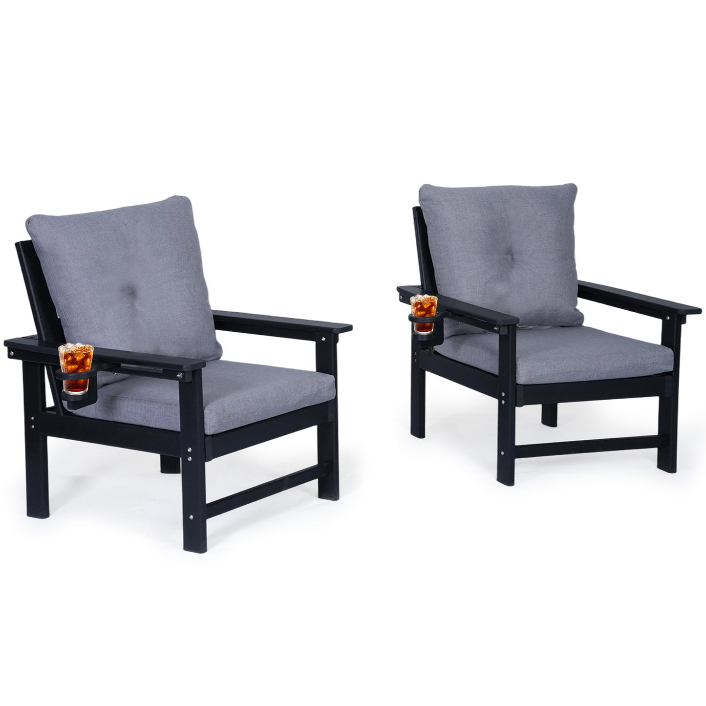 DELMANGO 2-Piece Outdoor Patio Chairs Set with Removable Washable Cushions and Cup Holder, Wide Armrests & All-Weather Metal Frame for Garden, Balcony, Backyard Black