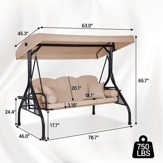 DELMANGO 3-Seat Outdoor Porch Swing with Adjustable Canopy, 2 in 1 Convertible Patio Swing Bed, Patio Glider Swing for Backyard, Beige