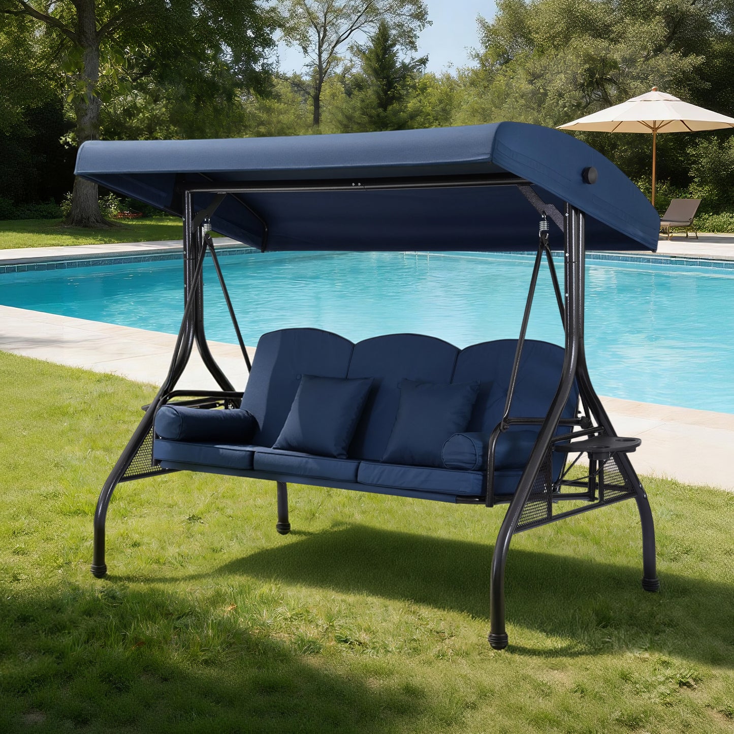 DELMANGO 3-Seat Outdoor Porch Swing with Adjustable Canopy, 2 in 1 Convertible Patio Swing Bed, Patio Glider Swing for Backyard, Blue